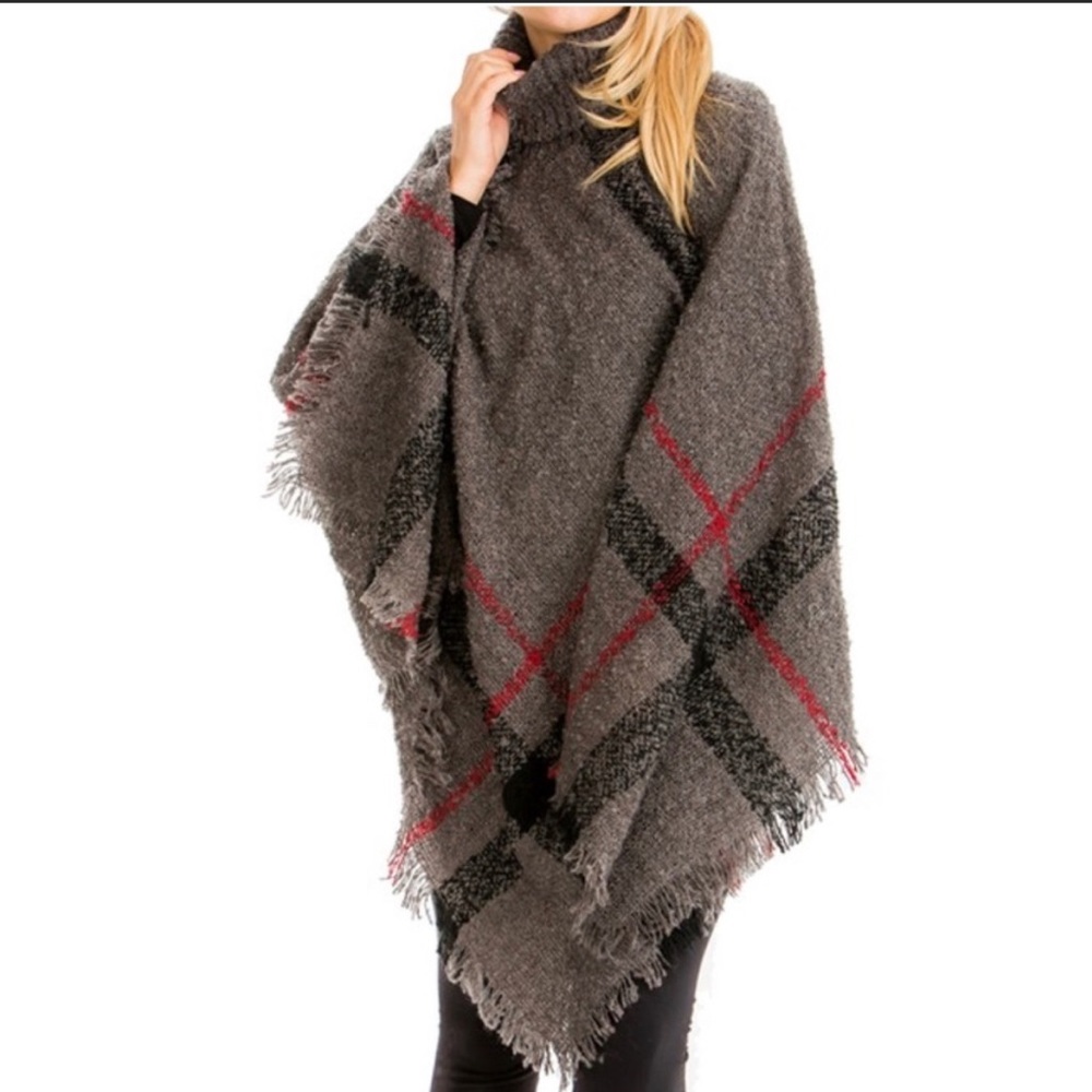 ❣️SALE❣️NEW!Plaid poncho turtleneck gray-brown plaid